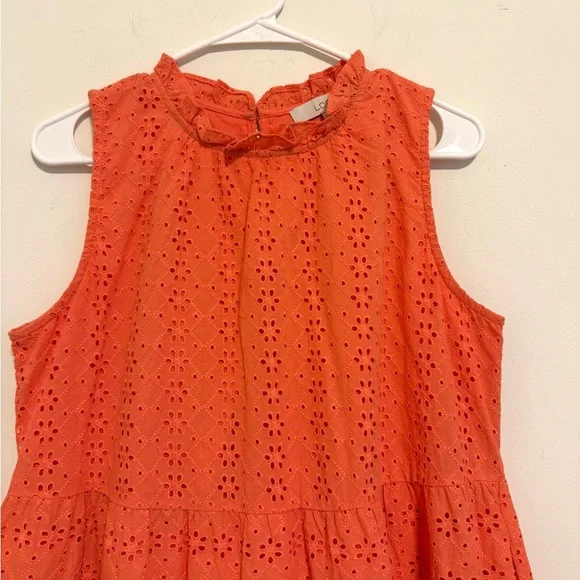 LOFT - Coral Eyelet Mini Dress with Pockets – Sleeveless Tiered – NWT – Size M - Picture 4 of 9